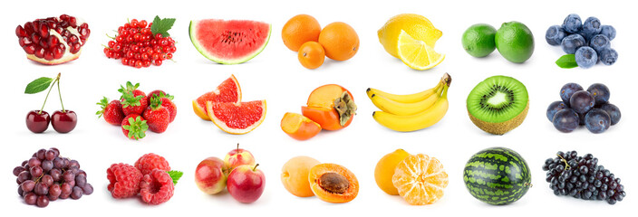 Collection of color fruits on white background. Fresh food
