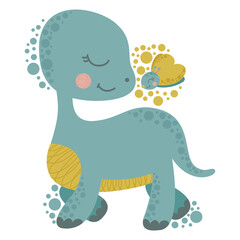 A cute little smiling brontosaurus and a butterfly are facing each other. Cartoon dinosaur on a white background. Cheerful children's illustration on the theme of friendship, love and joy. Vector.