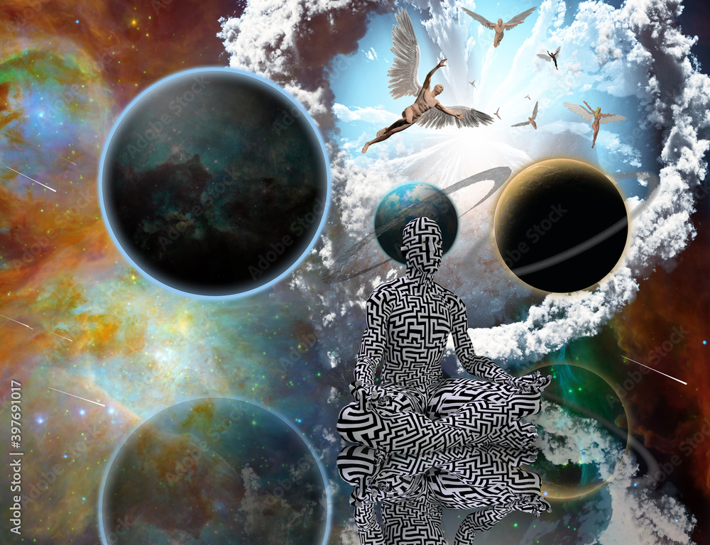 Poster surreal composition. man with maze pattern in lotus pose. angels comes from another dimensions. 3d r