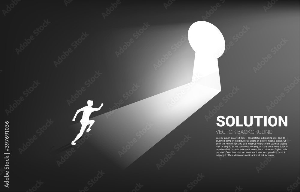 Poster silhouette of businessman running to move out to key hole door. find the solution concept vision mis