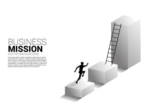 silhouette of businessman running to move up on bar graph with ladder. Concept of vision mission and goal of business