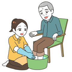 高齢男性の足浴　女性介護士