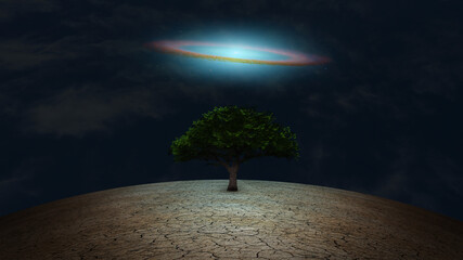 Surrealism. Green tree in arid land. Galactic disk in night sky. 3D rendering