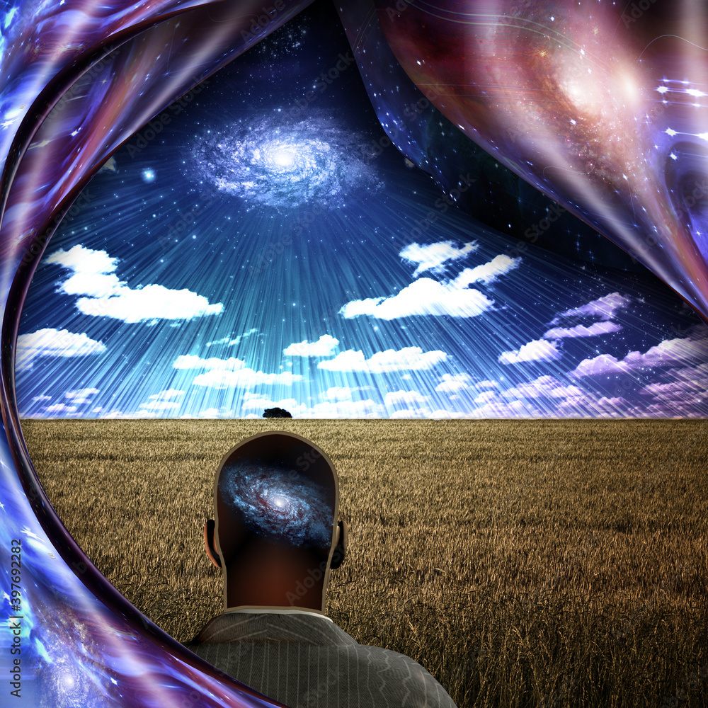 Poster man with galaxy inside his head stands on a field of wheat. shining galaxy in the sky. 3d rendering