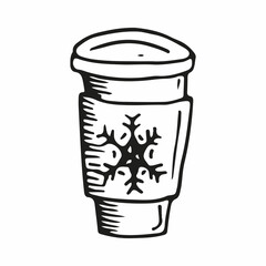 Winter disposable cup of coffee, cacao, tea with a snowflake design. Vector hand drawn sketch illustration in doodle isolated on white. Winter holidays celebrating. Merry christmas, happy new year.