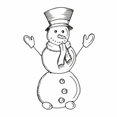 Happy snowman with black hat, gloves and scarf isolated on white background. VEctor hand drawn sketch illustration in doodle. Merry christmas, happy new year, design for greeting card.