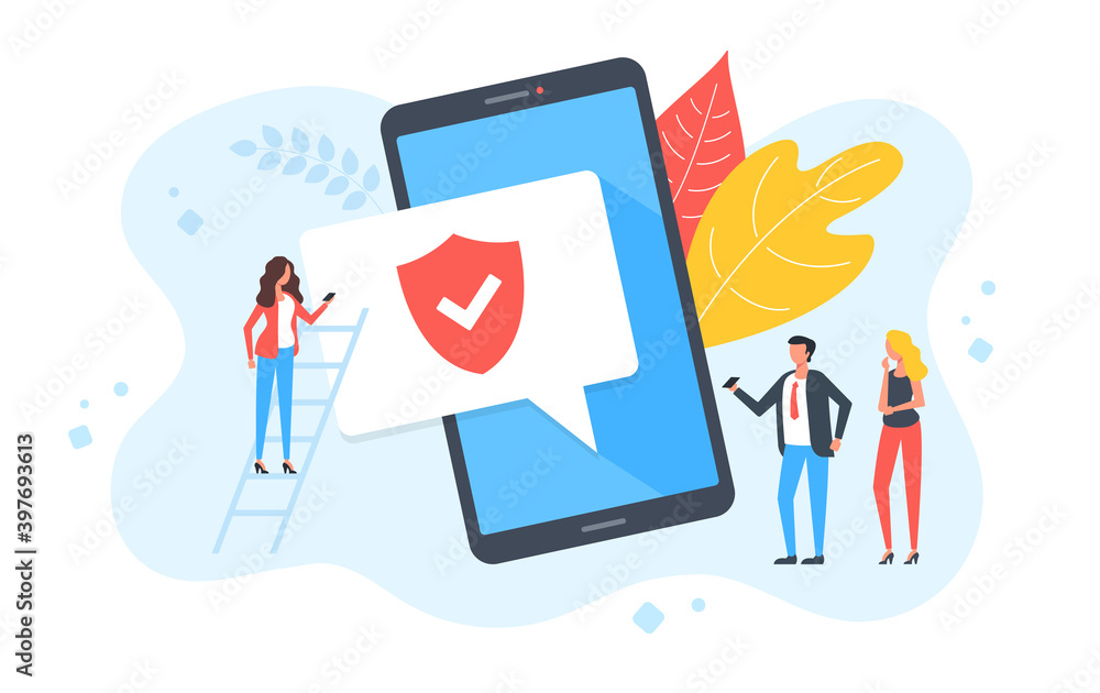 Poster mobile security. group of people mobile phone device and shield with check mark on screen. data prot