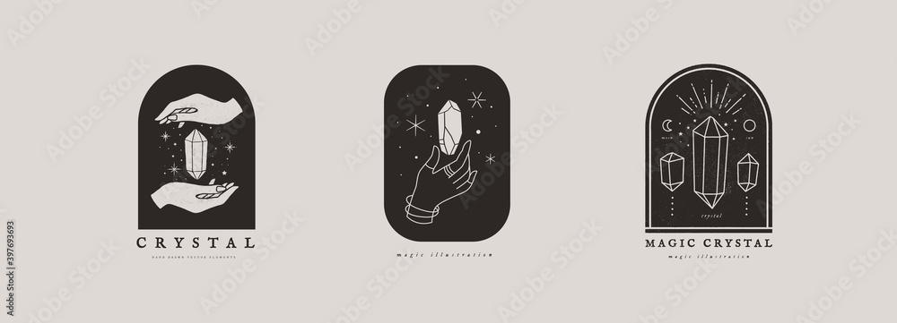 Poster set of emblems with magic crystals. magic crystals sparkle and float in hands. quartz stone in trend