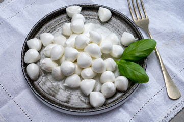Fototapeta na wymiar Italian food, fresh fresh green basil and white mini mozzarella soft balls cheese