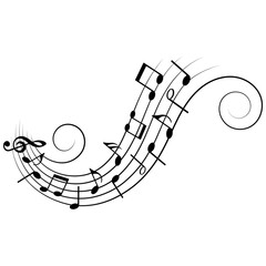 Obraz premium Music notes wave with swirls, vector illustration.