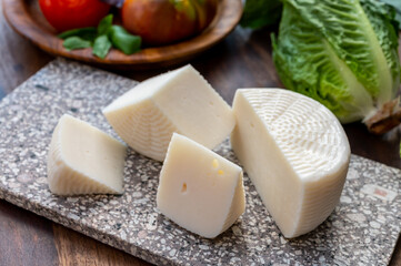 Fototapeta na wymiar Cheese collection, white Italian sheep cheese pecorino primo sale from Sicily island