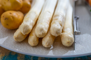 Ingredients for spring vegetarian dinner, high quality Dutch white asparagus, washed and peeled on...