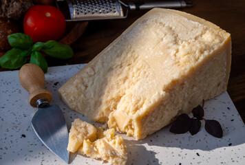 Cheese collection, hard yellow Italian cheese parmesan or parmigiano reggiano