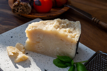 Cheese collection, aged hard Italian sheep cheese black pecorino from Sicily island or pecorino...