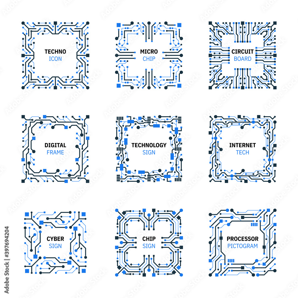 Poster collection of vector outline square shape icons with electronic circuits