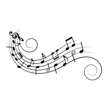 Music notes, musical wave with swirls, vector illustration.