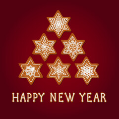 Set of realistic gingerbread stars. The phrase "happy New year." Delicious winter pastries. Isolated vector objects on a red  background. New year and Christmas decor.