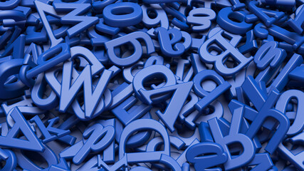 Close up view of a lots of 3D blue alphabet letters