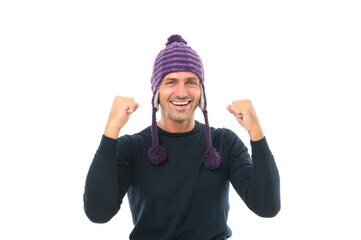 best day ever. cheerful guy celebrate success. male knitwear accessory. warm winter clothing...