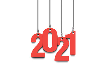 Obraz na płótnie Canvas New Year number 2021 as a Christmas decorations hanging on strings. 2021 hang on cords on an isolated background. Design pattern for greeting card. Vector illustration