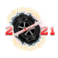 Happy new year 2021 and car wheel with racing car and fans. Creative design pattern for greeting card, banner, poster, flyer, party invitation. Vector illustration