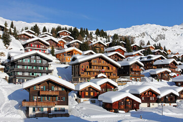 Winter ski resort in Swiss Alps - Bettmeralp, Switzerland - obrazy, fototapety, plakaty