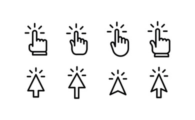 Clicking icons collections. Hand and arrow click icon. Cursor set.