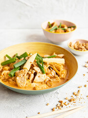 Asian food on painted background, Close up photo of dishes for restaurants with Japanese Chinese and Thai food with native space 