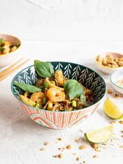 Asian food on painted background, Close up photo of dishes for restaurants with Japanese Chinese and Thai food with native space 