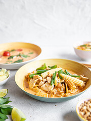 Asian food on painted background, Close up photo of dishes for restaurants with Japanese Chinese and Thai food with native space 