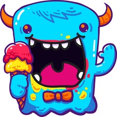A cute monster vector graphic illustration holding an ice cream, perfect for cold drink wallpapers, ice cream mascot drawings, cute children's book drawings, etc.