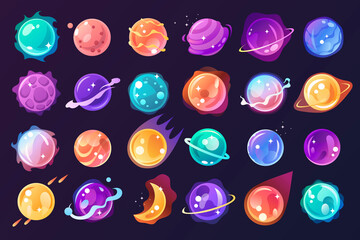 Vector set of cartoon planets. Colorful set of isolated objects. Space background. Templates for stickers, game elements, cartoon design. Fantasy planets. EPS 10
