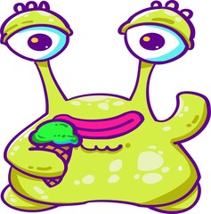A cute monster vector graphic illustration holding an ice cream, perfect for cold drink wallpapers, ice cream mascot drawings, cute children's book drawings, etc.