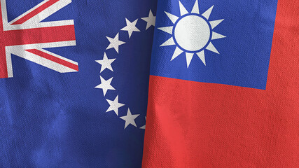Taiwan and Cook Islands two flags textile cloth 3D rendering