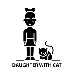 daughter with cat icon, black vector sign with editable strokes, concept illustration