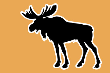 isolated black silhouette of a single horned elk on an orange background, for stickers, decoration