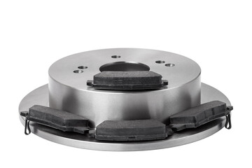 set of brake pads of asbestos alloy and brake disc new car spare parts brakes for a vehicle close up view isolated on a white background, nobody.