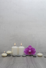 Spa setting with pink orchid and candles and gray stones on wood background