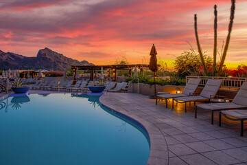 Arizona resort with pool during sunset