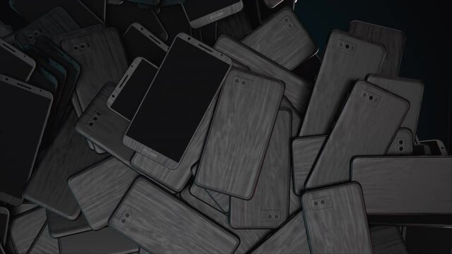 Many falling smartphones, computer generated. 3d render of modern backdrop