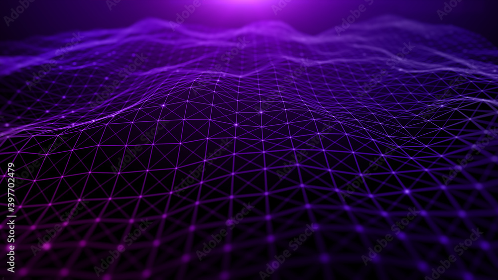 Poster digital cyberspace futuristic, purple color particles wave flowing with lines and dots connection, t