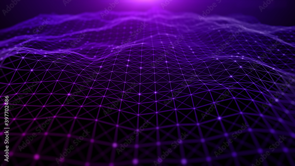 Poster digital cyberspace futuristic, purple color particles wave flowing with lines and dots connection, t