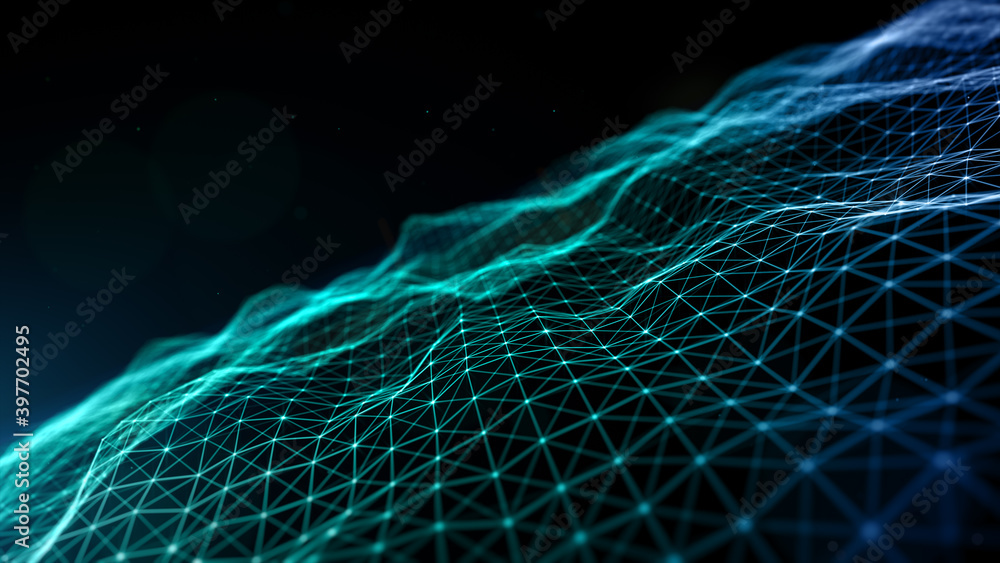 Poster digital cyberspace futuristic, green and blue color particles wave flowing with lines and dots conne