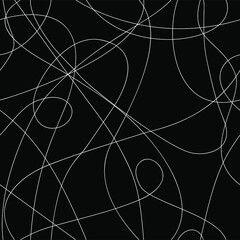 Threads. Seamless pattern with white continuous lines on a black isolated background. Abstract minimalistic print. Great for fabric, wallpaper, textile, wrapping. - 397702855