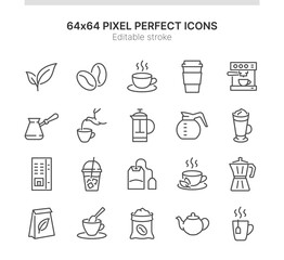 Simple Set of Icons Related to Coffee and Tea. Contains such icons as Fresh Press, Cup, Latte and more. Lined Style. 64x64 Pixel Perfect. Editable Stroke.