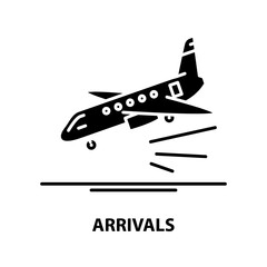 arrivals icon, black vector sign with editable strokes, concept illustration