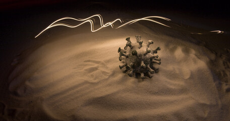Traditional holiday attributes on snow. Creative artwork decorations. Empty space for your text