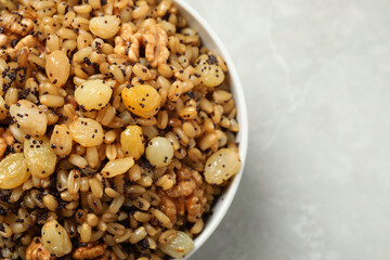 Traditional Christmas slavic dish kutia on light table, top view
