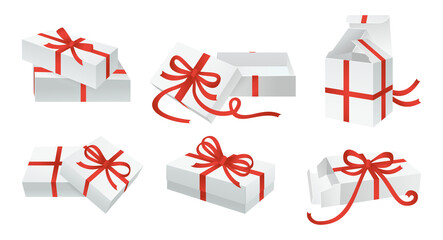 Mockup white giftbox bows set. Container with red ribbon tape decoration. Various carton boxes template collection. Blank cardboard design Birthday Celebration, Christmas Party. Vector illustration