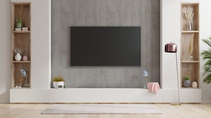 Tv on stand the in modern living room the concrete wall.